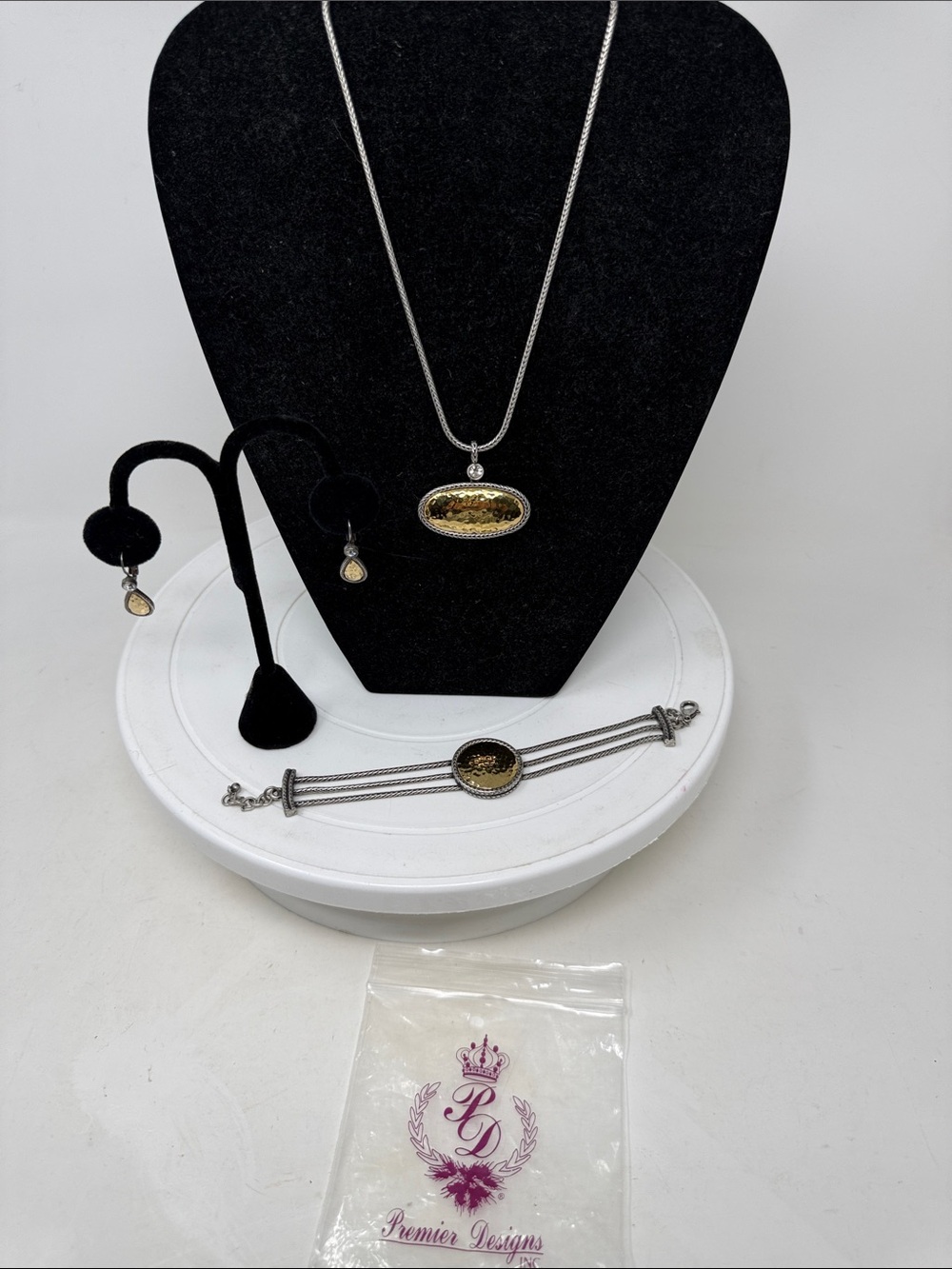 Premier Designs Silver and Hammered Gold jewelry set